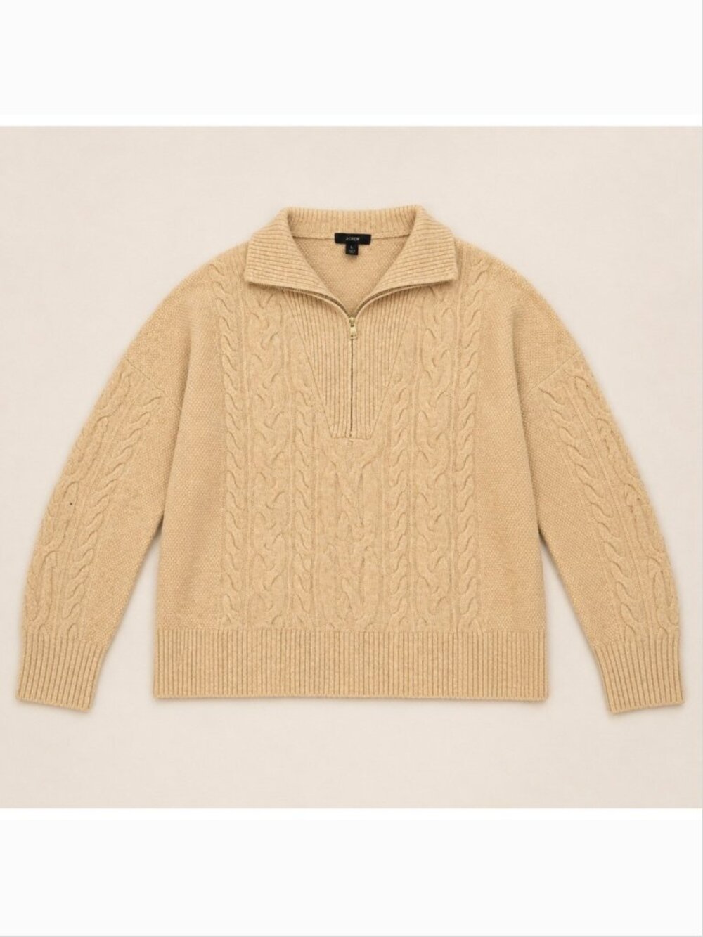 J.Crew Quarter Zip Cable Knit Merino Wool Alpaca Blend Sweater Tan Large